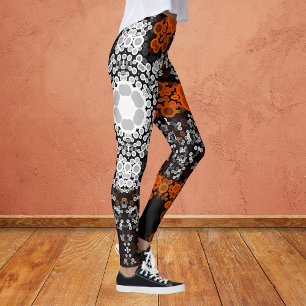 Dot Mandala Flower White Orange and Black Leggings