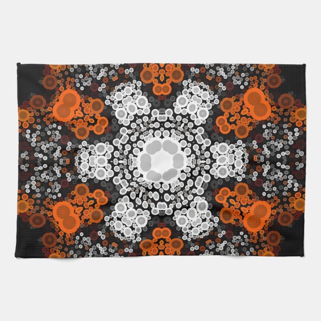 Dot Mandala Flower White Orange and Black Tea Towel (Horizontal)