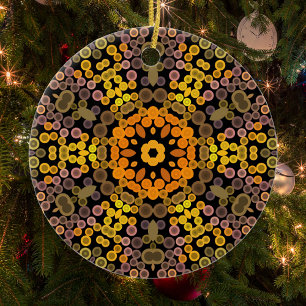 Dot Mandala Flower Yellow and Purple Ceramic Ornament
