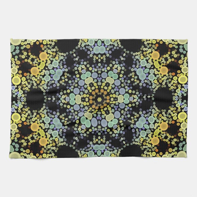Dot Mandala Flower Yellow Blue and Grey Tea Towel (Horizontal)