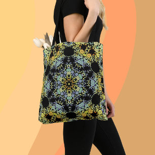 Dot Mandala Flower Yellow Blue and Grey Tote Bag