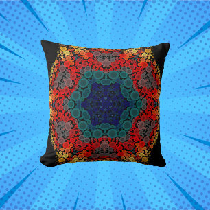 Dot Mandala Flower Yellow Blue and Red Cushion