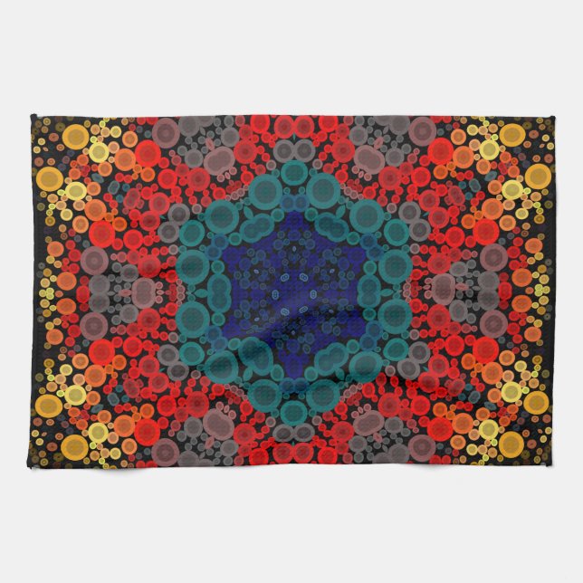 Dot Mandala Flower Yellow Blue and Red Tea Towel (Horizontal)