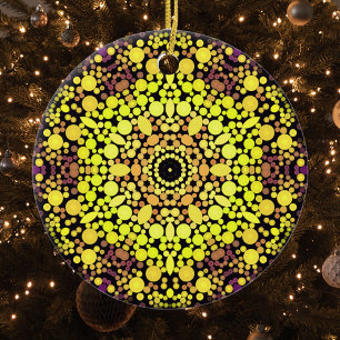 Dot Mandala Flower Yellow Purple and Black Ceramic Ornament