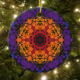 Dot Mandala Flower Yellow Purple and Blue Ceramic Ornament
