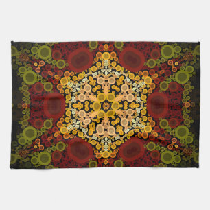 Dot Mandala Flower Yellow Red and Black Tea Towel