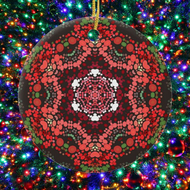 Dot Mandala Red Green and White Ceramic Ornament (Creator Uploaded)