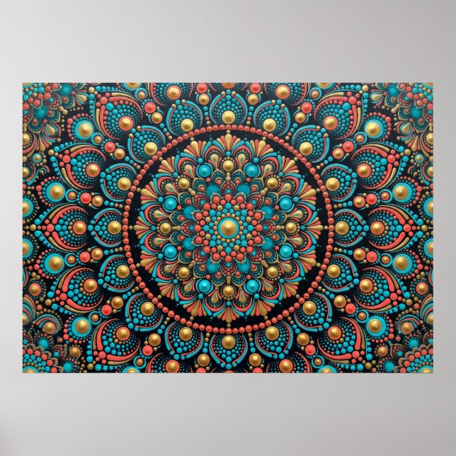 Dot Mandala Teal Coral Gold Art Poster (Front)