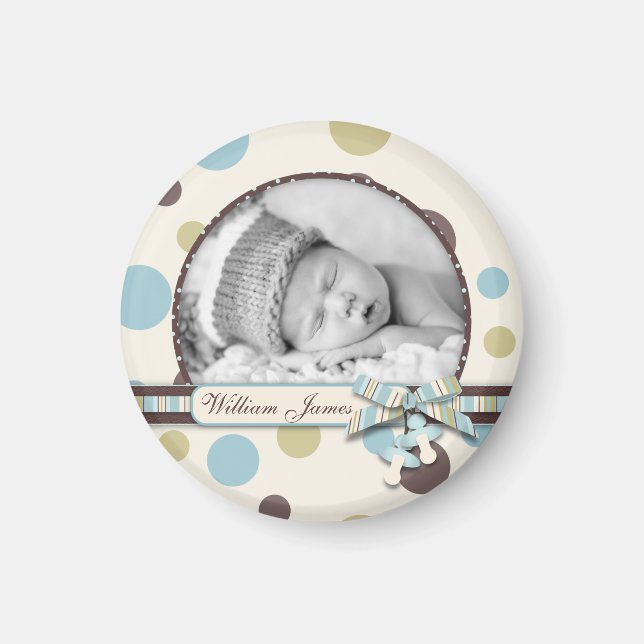 Dot Print with 3D-look Bow Birth Announcement Magnet (Front)