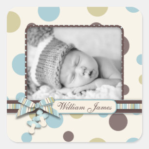Dot Print with 3D-look Bow Birth Announcement Square Sticker
