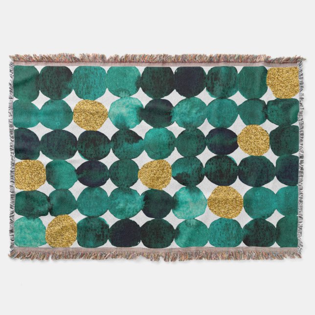 Dots pattern - emerald and gold glitter throw blanket (Front)