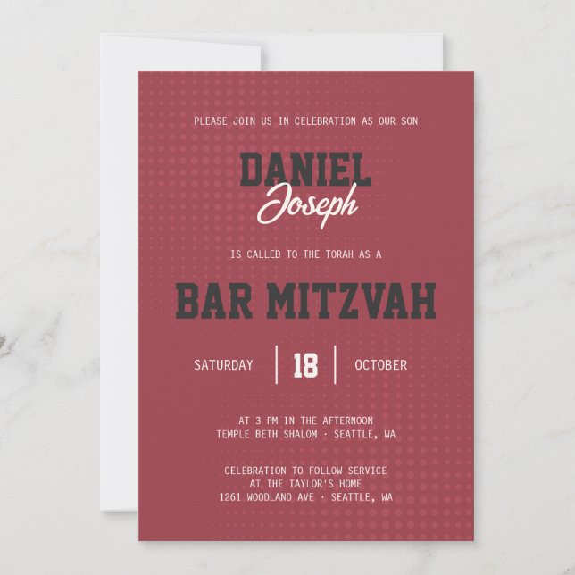 Dots sports maroon Bar Mitzvah invitation (Front)