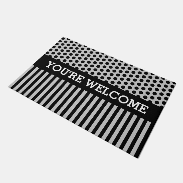 Dots & Stripes Pattern Black + your backgr. & idea Doormat (Angled)