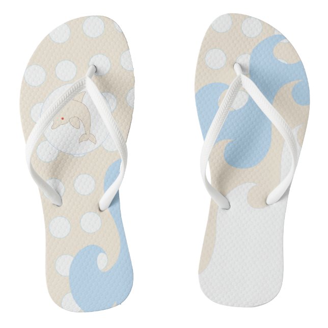 Dots, Waves, Dolphin by the Sea, Creamy Blue Thongs (Footbed)
