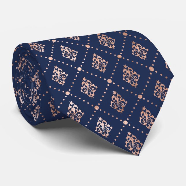 Dotted Botanical Pattern Rose Gold Navy Blue Tie (Rolled)