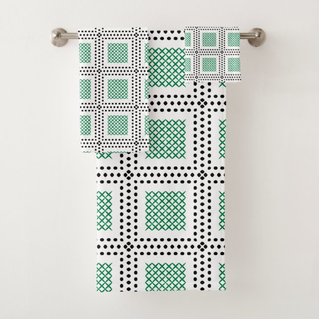 Dotted Grid: Repetitive Green and White Square Bath Towel Set (Insitu)