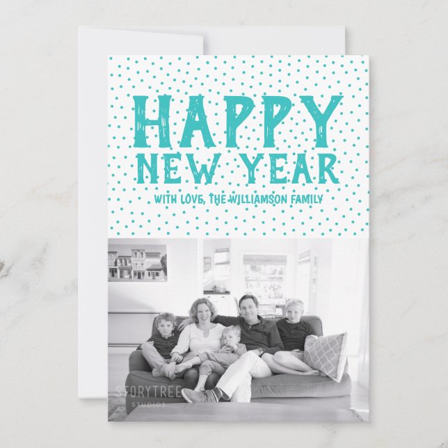 Dotted Happy New Year Photo Card | Turquoise (Front)