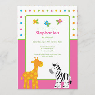 Dotted Jungle Animals  Birthday Party Invitation
