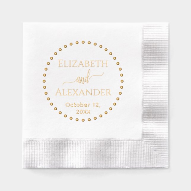 Dotted Round Frame Bride Groom Names Date Wedding Foil Napkins (Front)