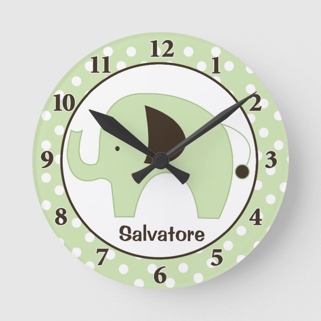 Dottie Elephant Personalised Wall Clock (Green) (Front)