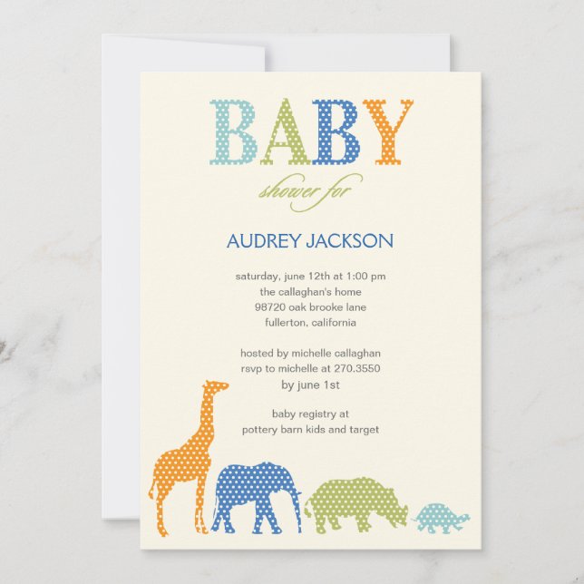 Dotty Animals Baby Shower Invitation - Blue (Front)