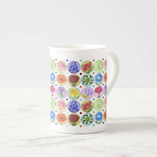 Dotty Birth Flower and Gem Bone China Mug  (Front Right)