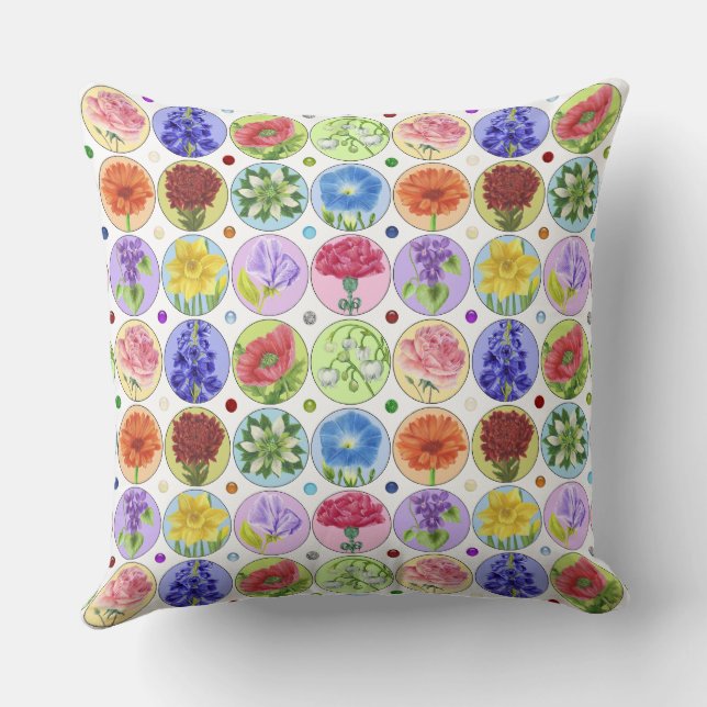 Dotty Birth Flower and Gem Throw Pillow (Back)