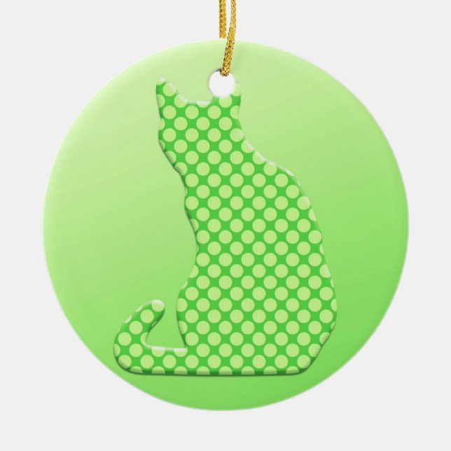 Dotty Cat - shades of lime green Ceramic Tree Decoration (Front)