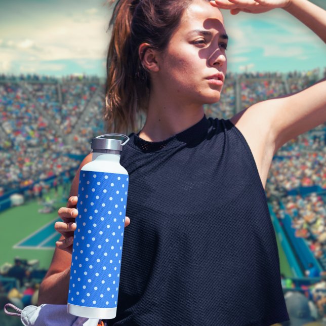  Dotty Delight Blue Water Bottle (A woman holds a Dotty Delight Blue Water Bottle.)
