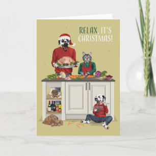 Dotty Dog  and Kitty Cooking Christmas Dinner Holiday Card