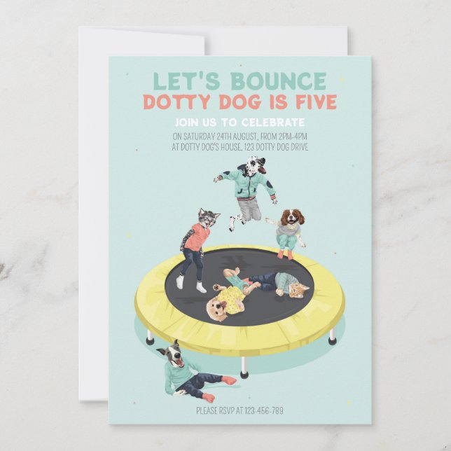 Dotty Dog Bounce on Trampoline 5th Birthday Party Invitation (Front)