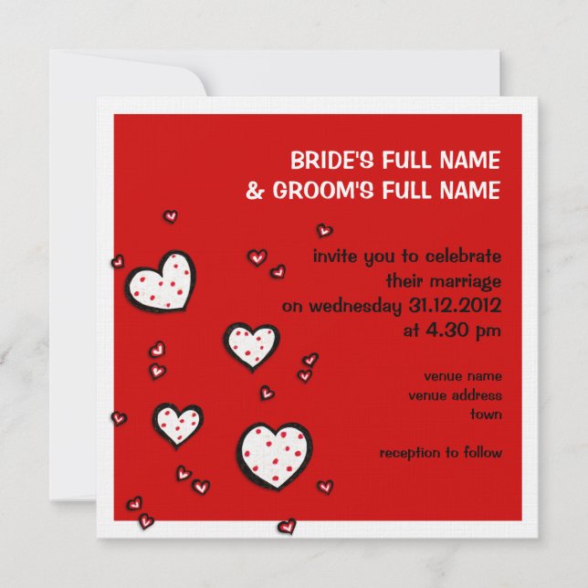 Dotty Hearts red Square Wedding Invitation (Front)