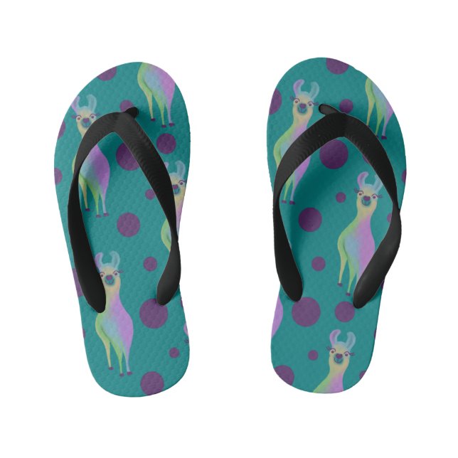 Dotty Llama on Teal Kid's Thongs (Footbed)