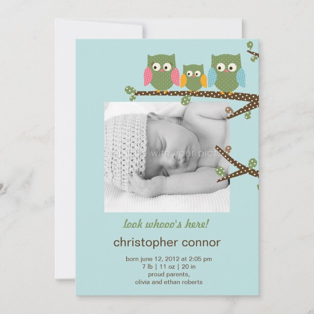 Dotty Owls Baby Boy Birth Announcement (Front)