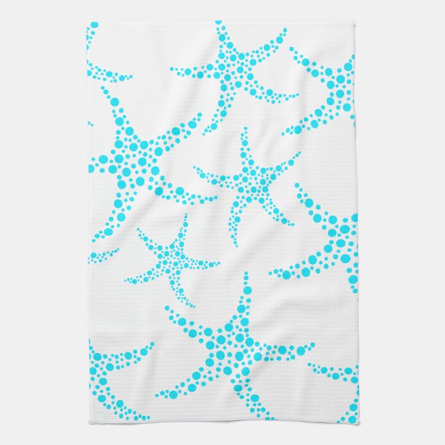 Dotty Starfish Pattern in Turquoise and White. Tea Towel (Vertical)