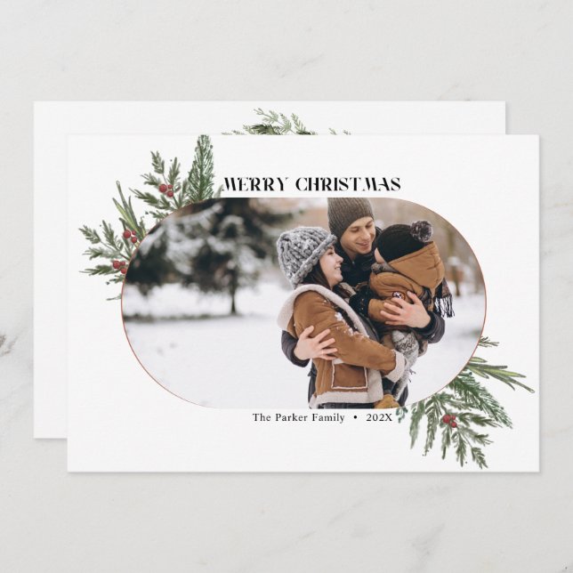 double arch photo berries and pine 1 photo holiday card (Front/Back)