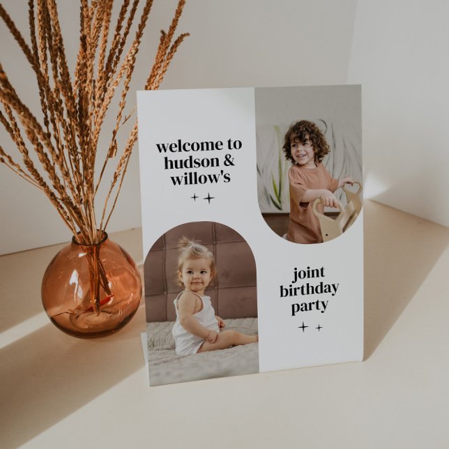 Double Arch Photo Joint Birthday Paper Napkin Pedestal Sign (Creator Uploaded)