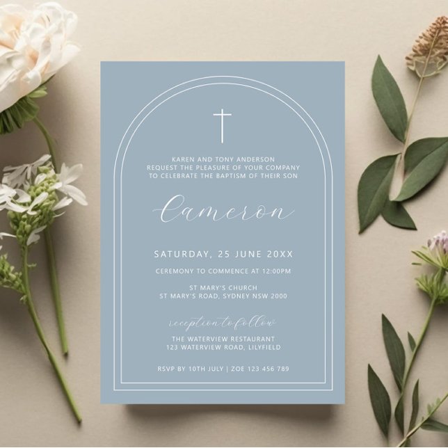 Double arch simple cross blue christening baptism invitation (Creator Uploaded)