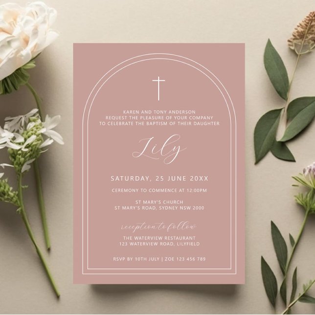 Double arch simple cross pink christening baptism invitation (Creator Uploaded)