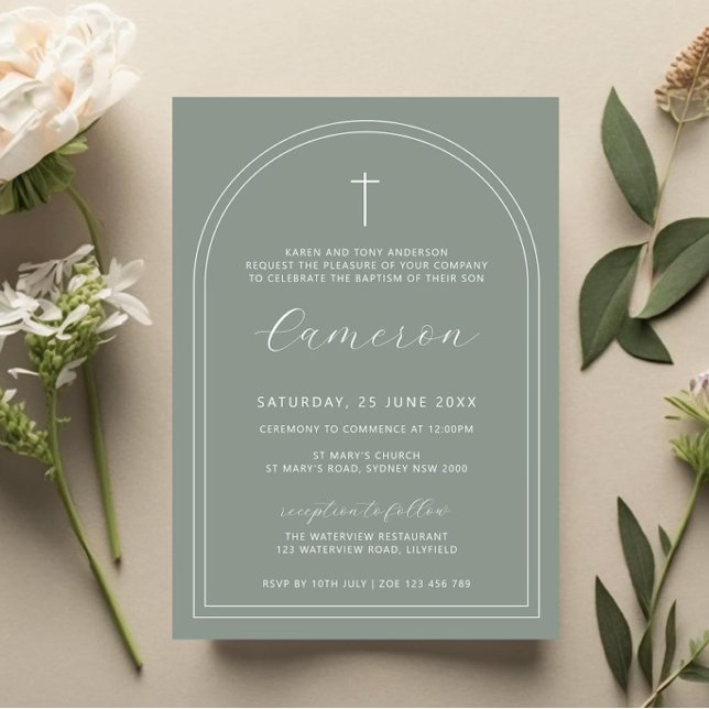 Double arch simple cross sage christening baptism invitation (Creator Uploaded)