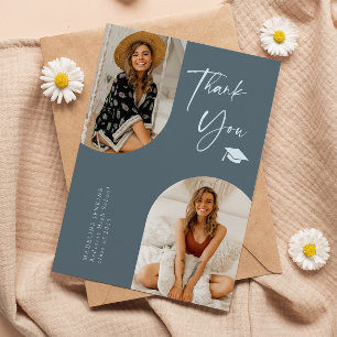 Double Arch Steel Blue Graduation Photo Thank You  Card
