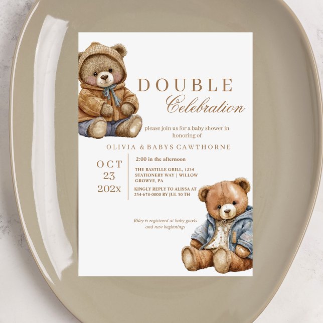 Double Baby Shower Cute Two Bears Invitation (Creator Uploaded)