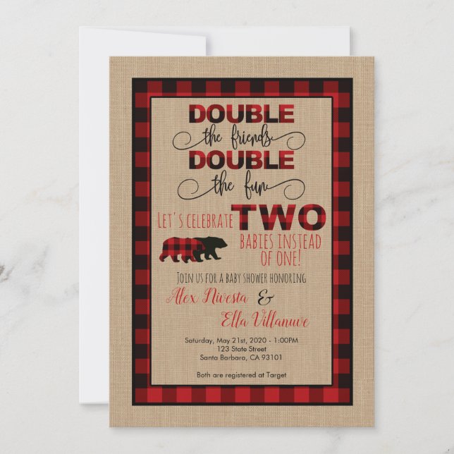 Double Baby Shower Invitation Lumberjack (Front)