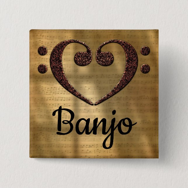 Double Bass Clef Heart Banjo 15 Cm Square Badge (Front)