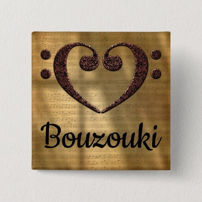 Double Bass Clef Heart Bouzouki 15 Cm Square Badge (Front)