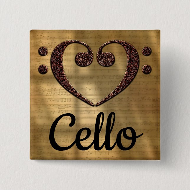 Double Bass Clef Heart Cello 15 Cm Square Badge (Front)