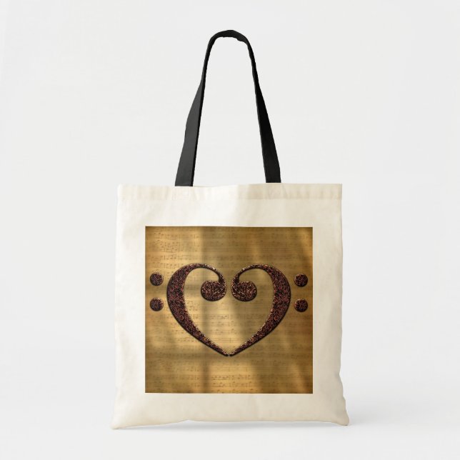Double Bass Clef Heart Over Sheet Music Tote Bag (Front)