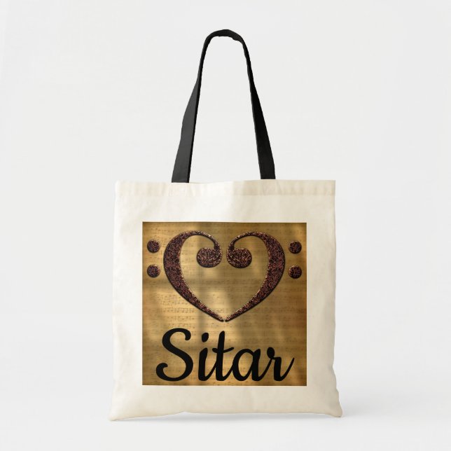 Double Bass Clef Heart Sitar Tote Bag (Front)