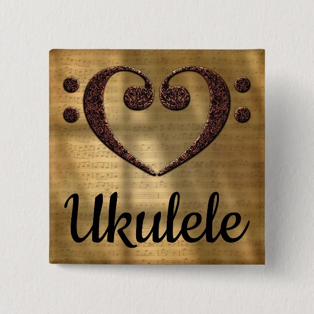 Double Bass Clef Heart Ukulele 15 Cm Square Badge (Front)