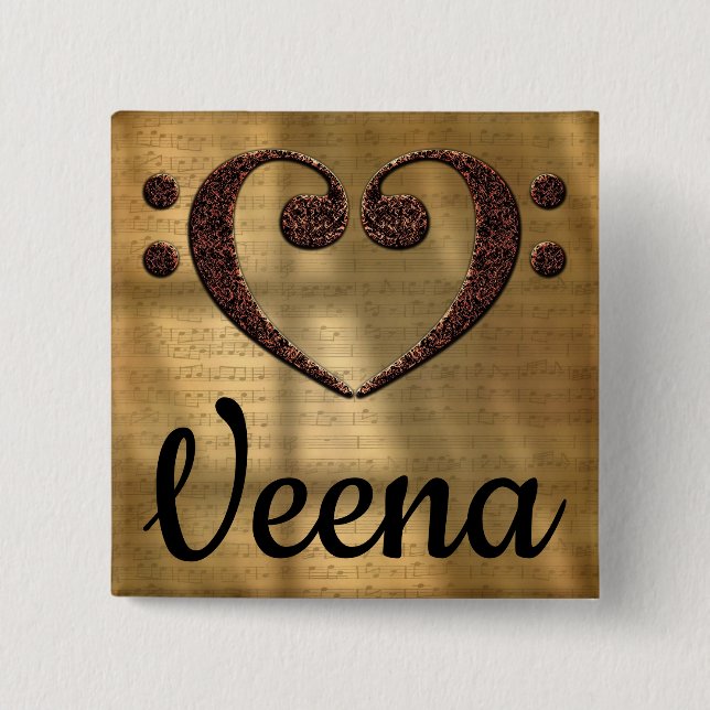 Double Bass Clef Heart Veena 15 Cm Square Badge (Front)
